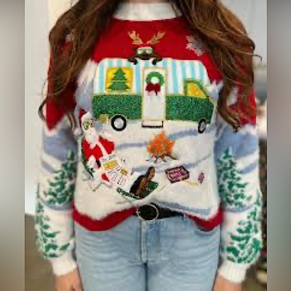 NWT Christmas Sweater Santa by a fire with a camper with Sequins sz Large - Picture 15 of 15